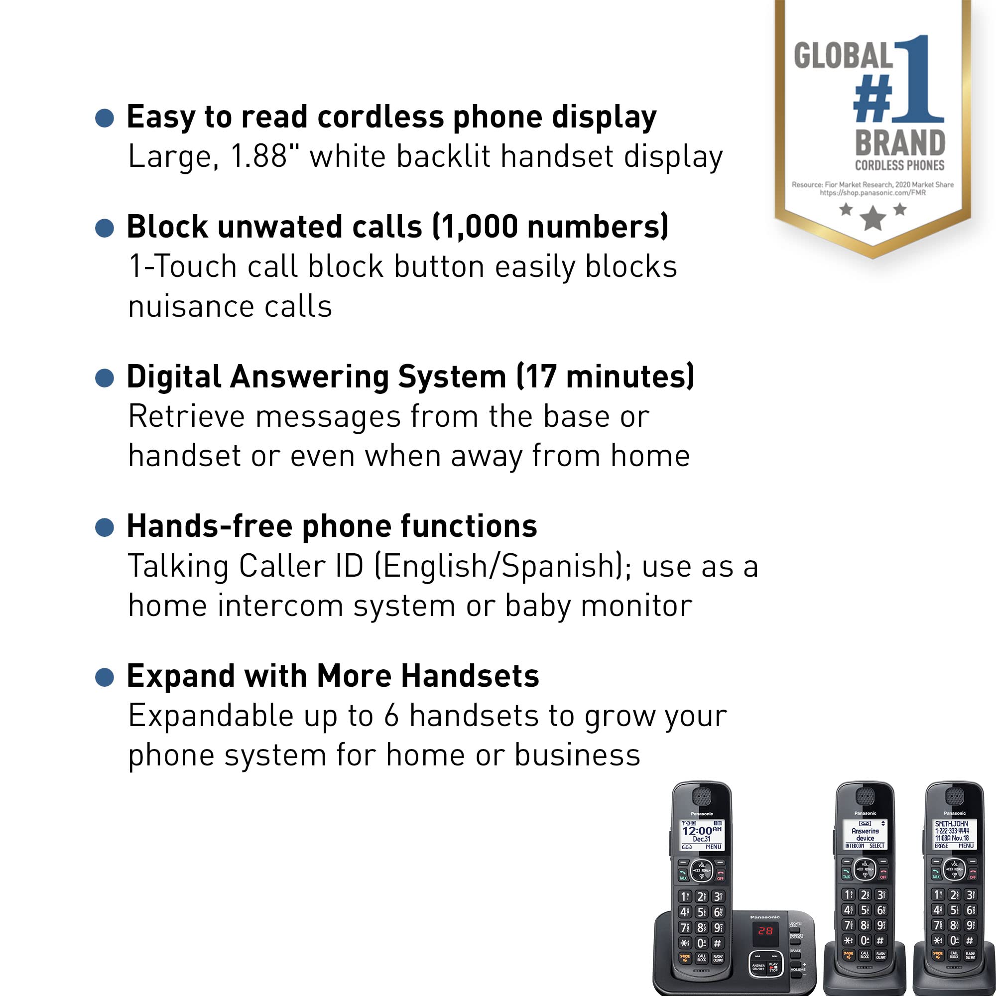 Panasonic Dect 6.0 Expandable Cordless Phone System With Answering Machine And Call Blocking   3 Handsets   Kx Tge633M (Metallic
